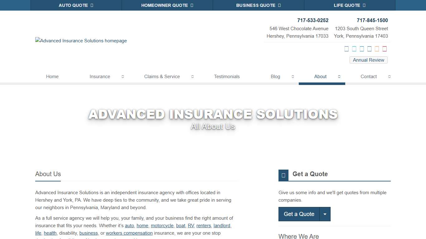 About Advanced Insurance Solutions - Serving Hershey, Pennsylvania Advanced Insurance Solutions in Hershey, PA